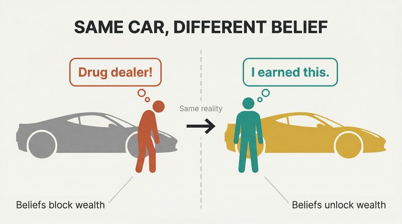Split panel showing a bitter figure judging a Ferrari on the left versus the same figure confidently owning that Ferrari on the right, separated by a belief-shift divider.