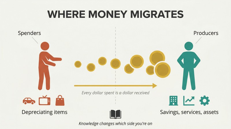 Directional flow diagram showing money as gold coins streaming from a spender figure surrounded by depreciating items toward a producer figure building assets.