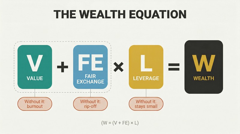 Visual equation showing Value plus Fair Exchange multiplied by Leverage equals Wealth, with failure modes noted beneath each component.