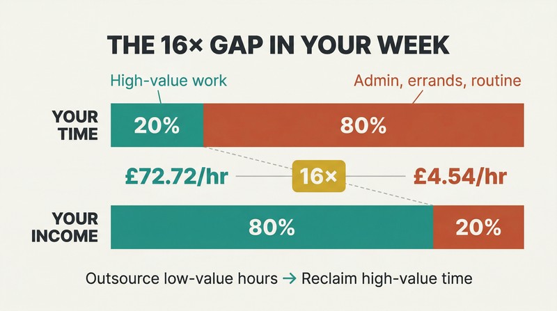 Two stacked horizontal bars comparing time spent versus income earned, revealing that 20% of hours generate 80% of income at 16 times the hourly rate.