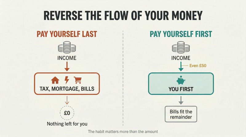 Split panel comparing two money flows: paying bills first leaves nothing, while paying yourself first forces bills into the remainder.