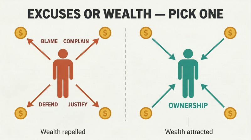 Split panel comparing four excuse behaviors repelling money symbols away versus ownership attracting money symbols inward.