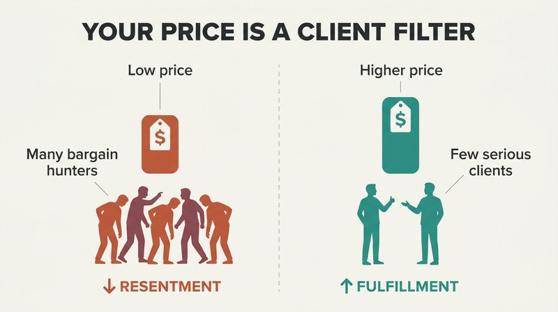 Split panel comparing low pricing that attracts bargain hunters and breeds resentment versus higher pricing that attracts serious clients and builds fulfillment.
