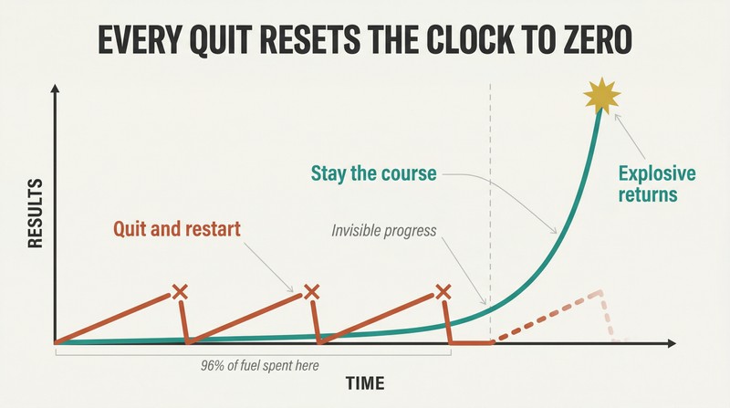 Two overlaid growth curves on a time axis — a continuous exponential curve rockets upward while a sawtooth pattern of repeated quits stays perpetually flat.