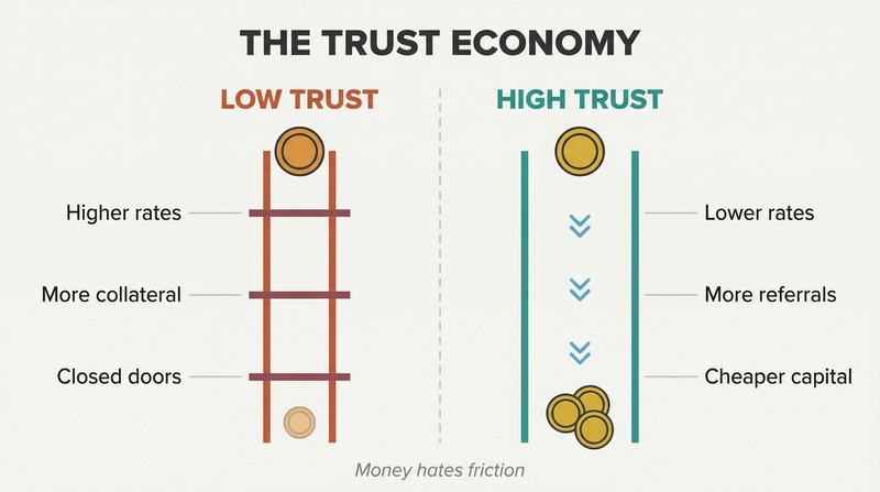 Split panel comparing low trust on the left with high friction and costs against high trust on the right with open doors and lower costs.