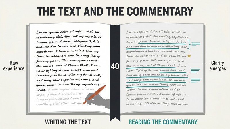 Open book split into two halves — the left page shows dense handwritten lines being composed, while the right page shows the same text with margin annotations and highlights revealing meaning.