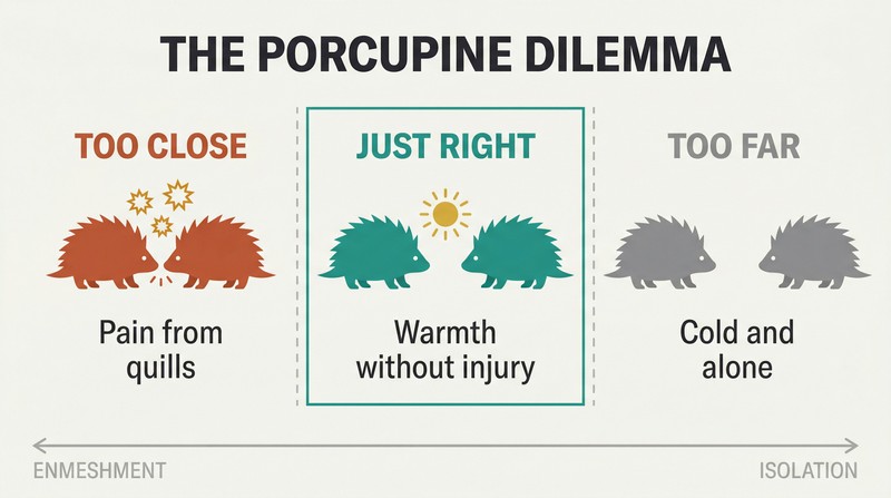 Three scenes showing two porcupines at increasing distances — too close causes pain, too far causes cold, and the middle distance provides warmth without injury.