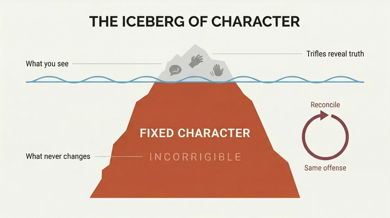 Iceberg diagram with small trifling behaviors visible above a waterline and a massive fixed character block below, with a loop arrow showing reconciliation returns to the same offense.