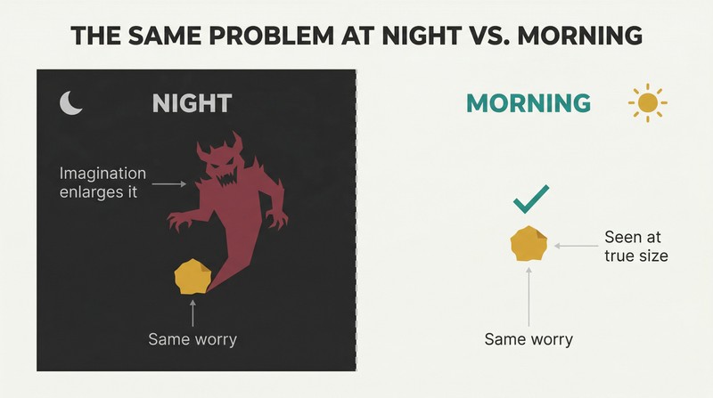 Split panel showing a small shape casting a huge monstrous shadow at night on the left, versus the same small shape seen clearly and manageably in morning light on the right.