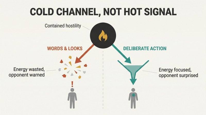 Fork diagram showing internal hostility splitting into two paths: words and looks that scatter and dissipate versus deliberate action that concentrates into a focused strike.