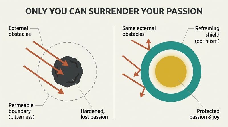 Split panel vector diagram comparing how external obstacles penetrate an unprotected core to cause inner bitterness versus how an active reframing shield deflects obstacles to protect vibrant passion.