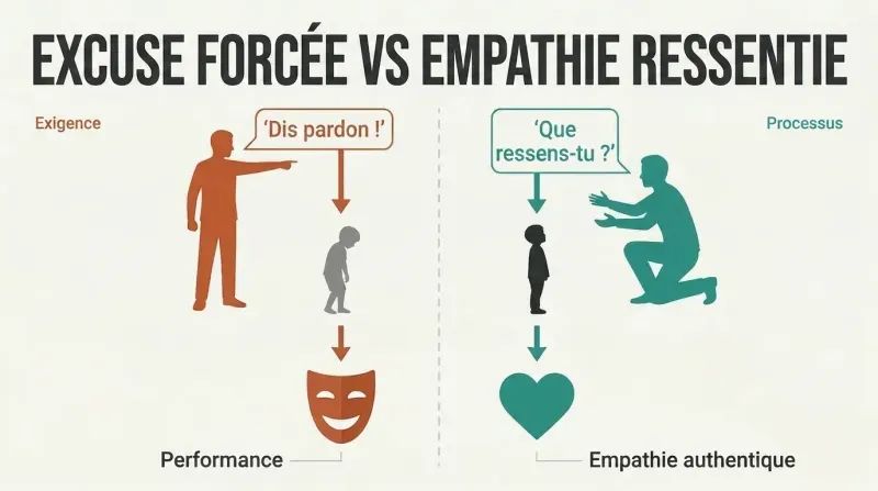 Split panel comparing forced apologies that produce a performance mask with emotion processing that produces genuine empathy shown as a heart.