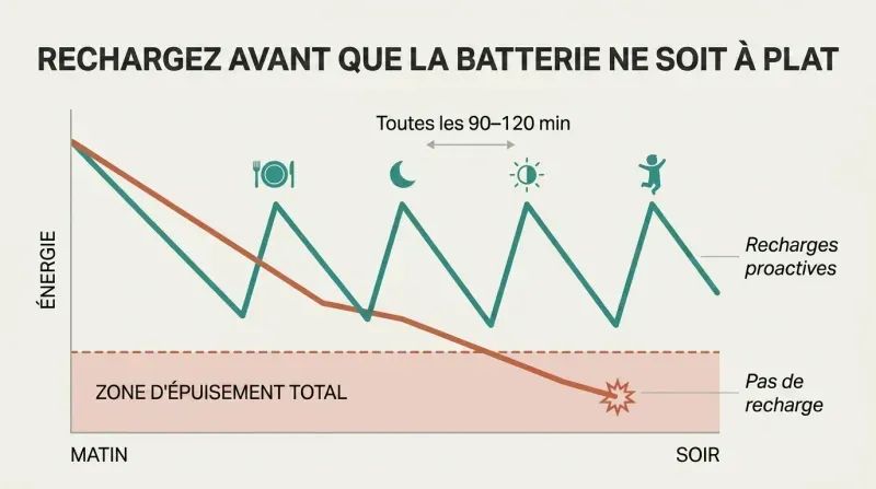 Two-line graph comparing a steadily declining energy line entering a meltdown zone against a sawtooth line that stays high through periodic recharge boosts throughout the day.