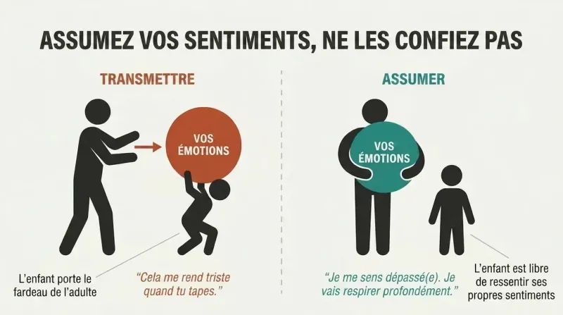 Split panel comparing an adult passing a heavy emotional weight onto a small child versus an adult holding their own weight while the child stands freely beside them.