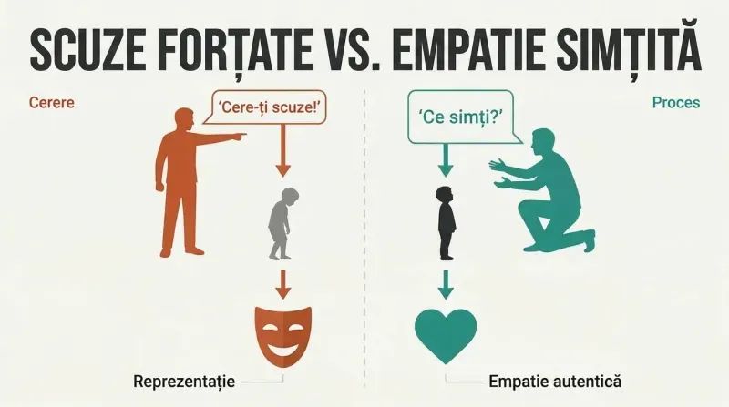 Split panel comparing forced apologies that produce a performance mask with emotion processing that produces genuine empathy shown as a heart.