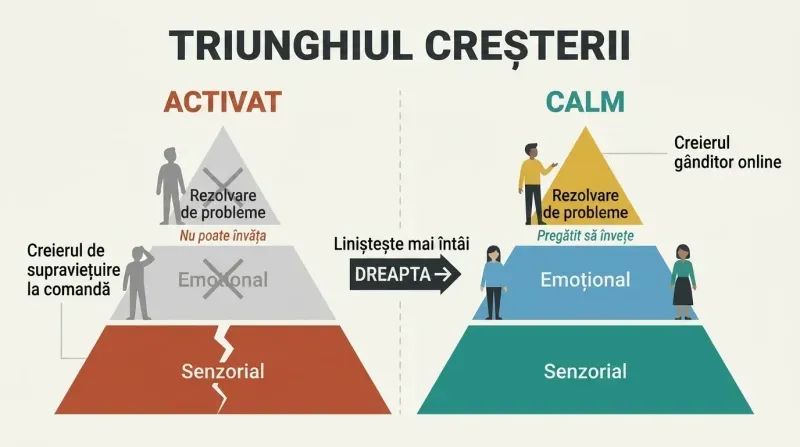 Two pyramids side by side — one with a cracked base and grayed-out upper layers showing a triggered state, the other solid and fully colored showing a calm, teachable state.