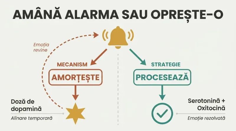 Fork diagram showing an emotion alarm splitting into two paths: mechanisms that loop back as the alarm returns, and strategies that resolve the emotion permanently.