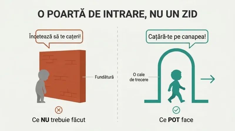 Split panel comparing a child blocked by a solid wall labeled with stop language versus a child walking through an open archway labeled with redirecting language.