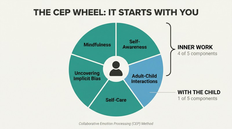 Circular wheel divided into five equal segments where four teal segments represent inner self-work and one sky-blue segment represents adult-child interaction.