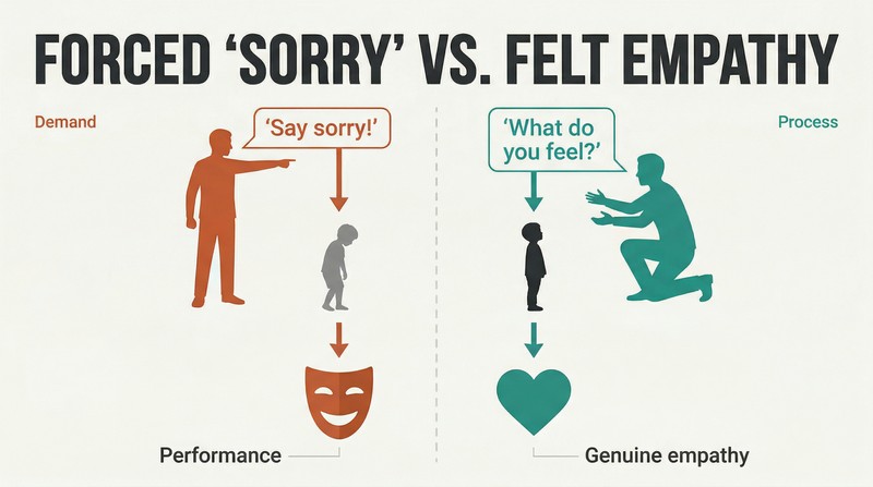 Split panel comparing forced apologies that produce a performance mask with emotion processing that produces genuine empathy shown as a heart.