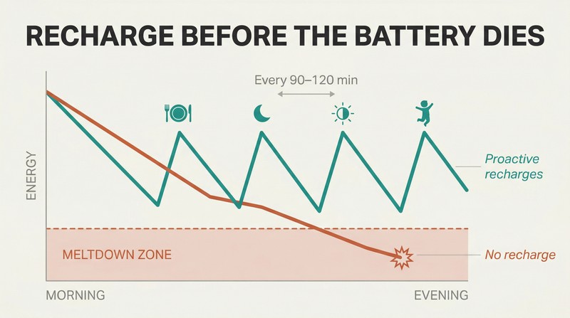 Two-line graph comparing a steadily declining energy line entering a meltdown zone against a sawtooth line that stays high through periodic recharge boosts throughout the day.