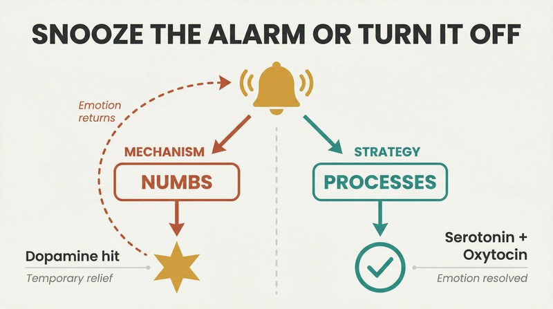 Fork diagram showing an emotion alarm splitting into two paths: mechanisms that loop back as the alarm returns, and strategies that resolve the emotion permanently.