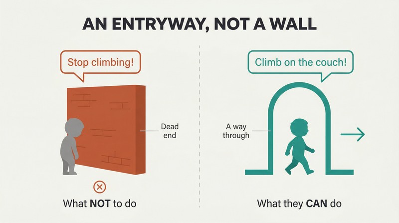 Split panel comparing a child blocked by a solid wall labeled with stop language versus a child walking through an open archway labeled with redirecting language.