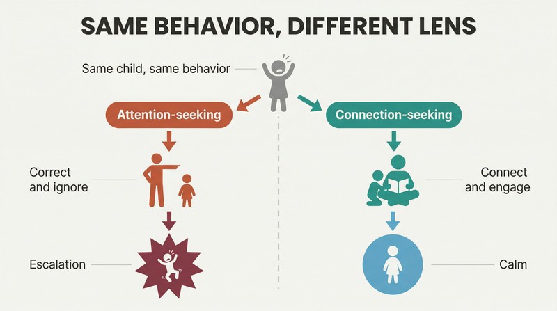 Split panel comparing two interpretations of a child's behavior: the left shows correction leading to escalation, the right shows connection leading to calm.