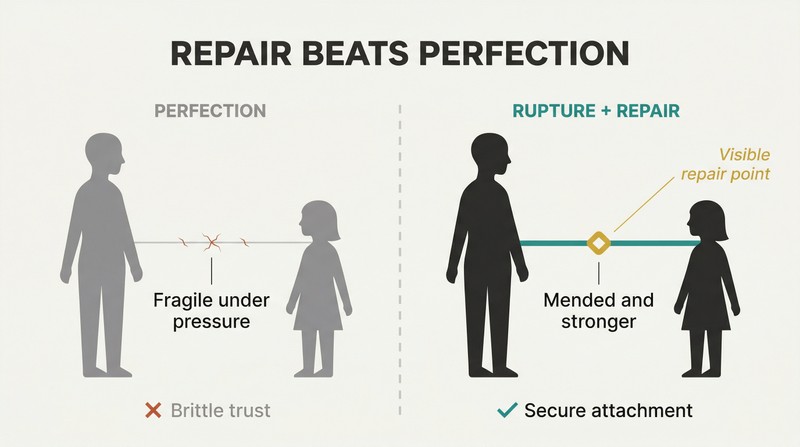 Split panel comparing a thin fragile bond labeled perfection on the left with a gold-mended, thicker bond between parent and child on the right showing rupture and repair builds stronger trust.