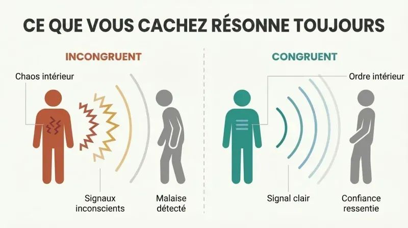 Split panel comparing a person with inner chaos emitting jagged signal waves that unsettle a receiver versus a congruent person emitting smooth waves that create trust.