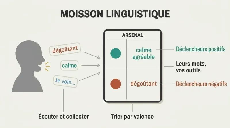 Three-stage pipeline showing a person's spoken words flowing into a sorting grid that categorizes them as positive or negative ammunition for influence.
