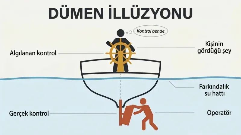 Cross-section of a ship split by a waterline, showing a figure steering the wheel above while a hidden figure controls the rudder below.