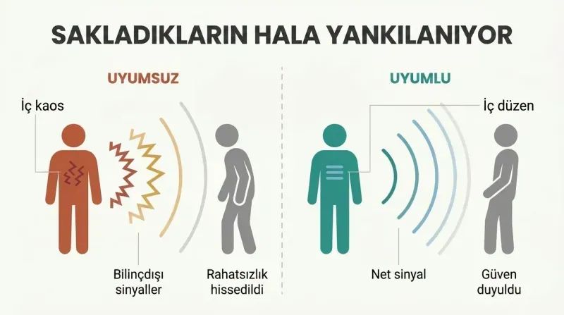 Split panel comparing a person with inner chaos emitting jagged signal waves that unsettle a receiver versus a congruent person emitting smooth waves that create trust.