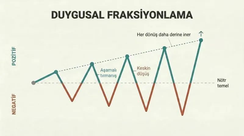 Zigzag wave pattern crossing a neutral baseline five times, with each upward peak progressively taller, showing how emotional cycling deepens positive states.