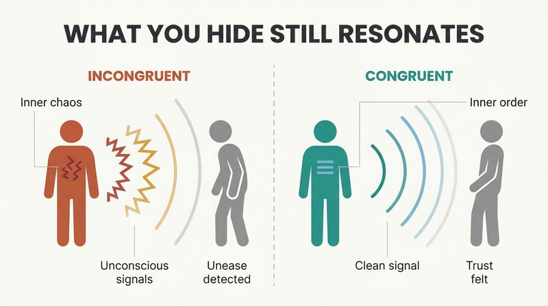 Split panel comparing a person with inner chaos emitting jagged signal waves that unsettle a receiver versus a congruent person emitting smooth waves that create trust.