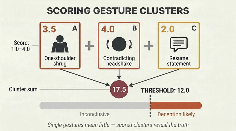 Three periodic-table-style behavior cards with deception scores converge into a cumulative total that exceeds a twelve-point deception threshold on a horizontal gauge.
