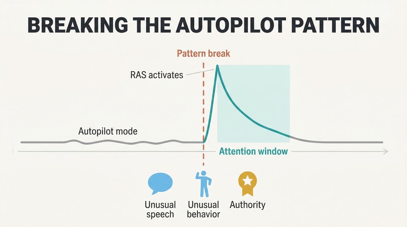 Signal-line diagram showing flat low attention during routine that spikes sharply upward when a pattern break occurs, with three trigger categories below.