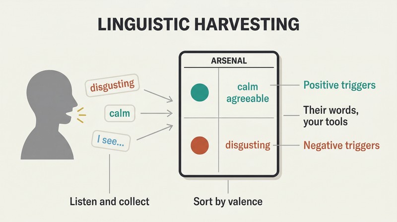 Three-stage pipeline showing a person's spoken words flowing into a sorting grid that categorizes them as positive or negative ammunition for influence.