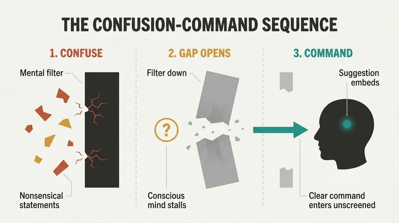 Three-phase horizontal sequence showing scrambled signals overloading a mental gate, the gate cracking open, and a single clear command arrow passing straight through into a mind silhouette.