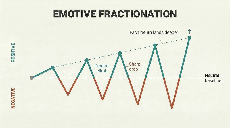 Zigzag wave pattern crossing a neutral baseline five times, with each upward peak progressively taller, showing how emotional cycling deepens positive states.