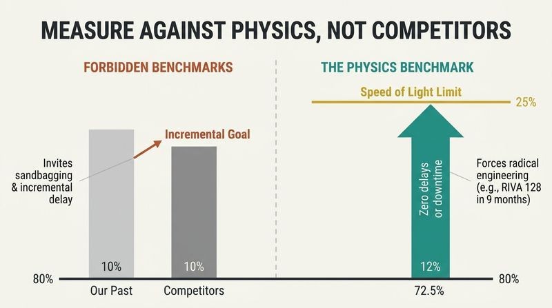 Split panel comparison contrasting low, incremental competitor benchmarks on the left with a towering vertical arrow aiming directly for the absolute physical limit on the right.