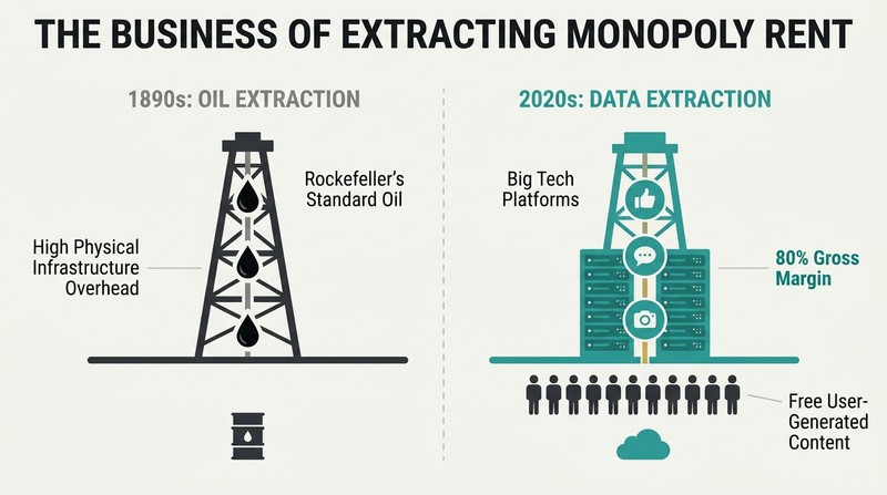 Split diagram comparing historical oil extraction to modern digital data extraction, showing how tech platforms extract rent from user data at a highly lucrative 80% margin.