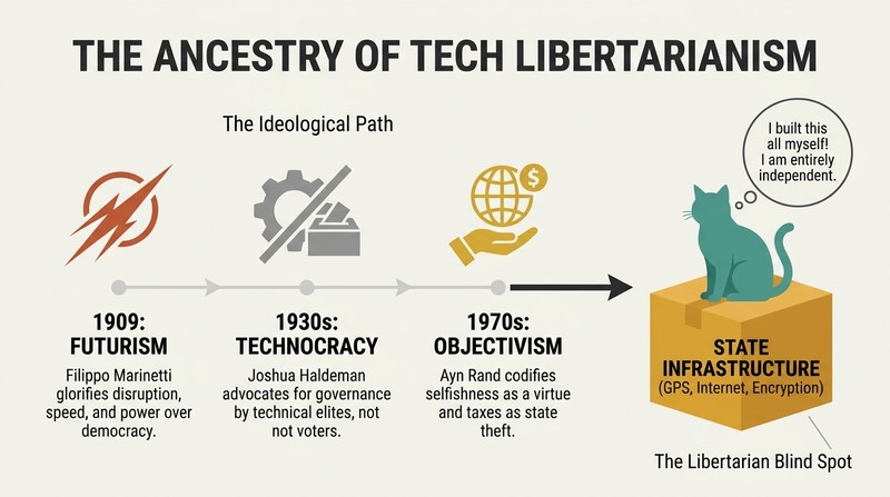 Timeline showing the historical pedigree of tech libertarianism from 1909 Futurism to Ayn Rand, ending with a house cat sitting on a state infrastructure box to show their blind dependency.