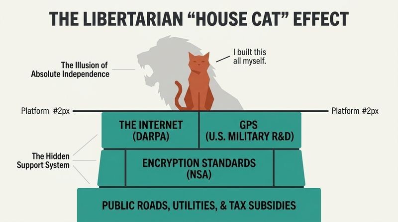 A diagram of a house cat sitting proudly on a massive, state-funded structural pedestal, showing how tech libertarians rely entirely on public infrastructure they refuse to acknowledge.