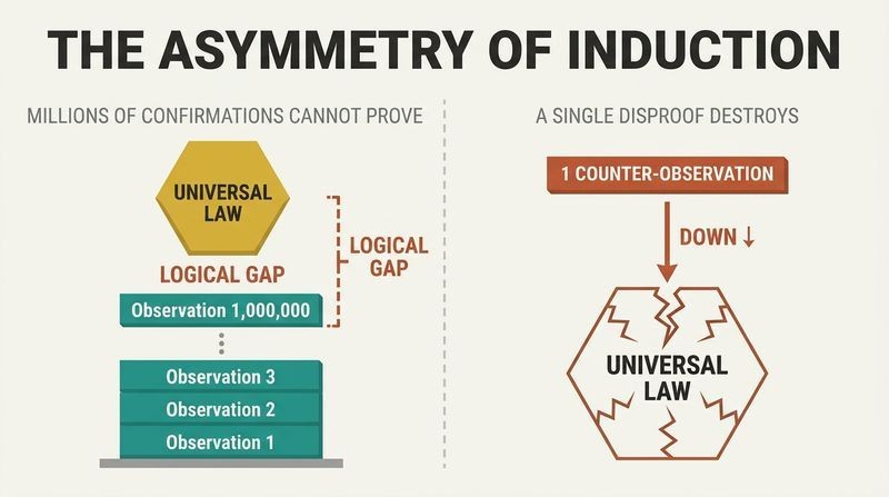 Split-panel diagram showing a giant stack of teal observations failing to reach a gold universal law across a logical gap, while on the right a single terracotta counter-observation instantly shatters the law.