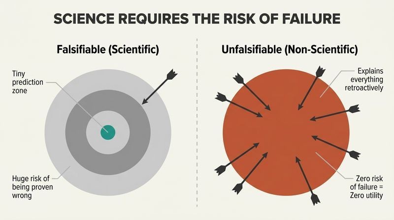 Split panel comparing a falsifiable scientific theory, represented as a target with a tiny teal bullseye, to an unfalsifiable non-scientific theory, shown as a target entirely painted terracotta so it can never be missed.