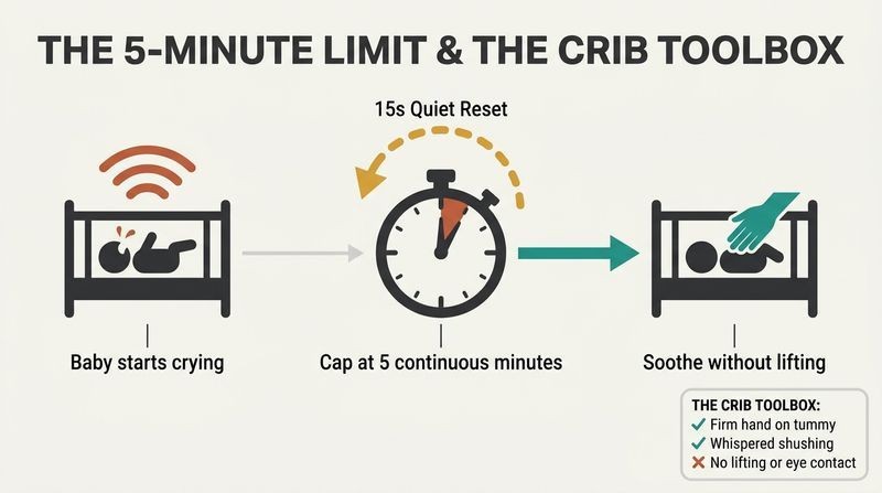 Horizontal process diagram showing the 5-minute crying rule: a crying baby starts a 5-minute timer, which resets if quiet for 15 seconds, leading to in-crib soothing if the limit is reached.
