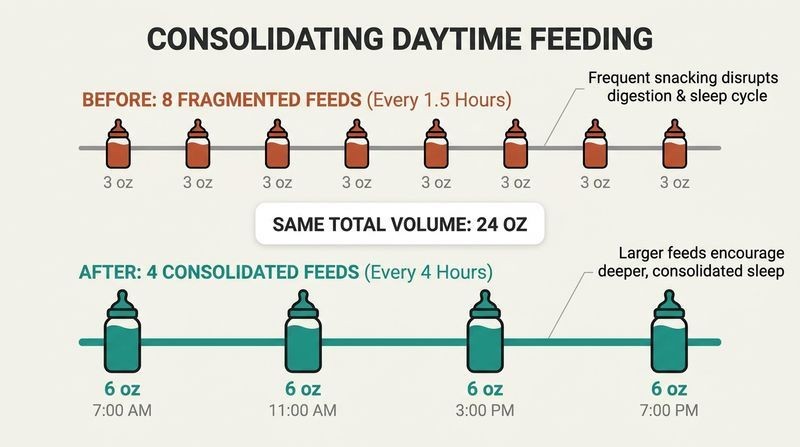 Parallel timeline diagram comparing eight frequent small baby feeds with four consolidated, larger feeds spaced four hours apart.
