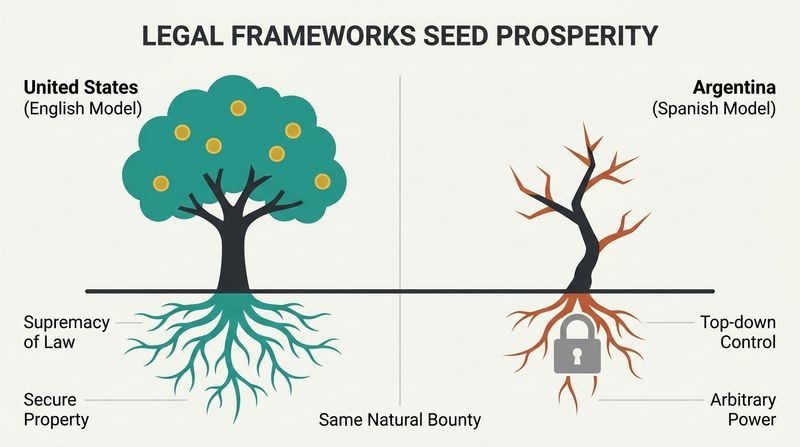 A comparison diagram showing how identical natural resources yield opposite economic outcomes depending on whether the legal framework prioritizes individual property rights or top-down state control.
