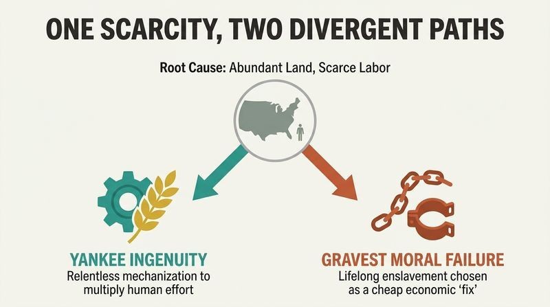 A fork diagram showing how America's early agricultural labor scarcity simultaneously drove technological innovation and the tragic rise of slavery.